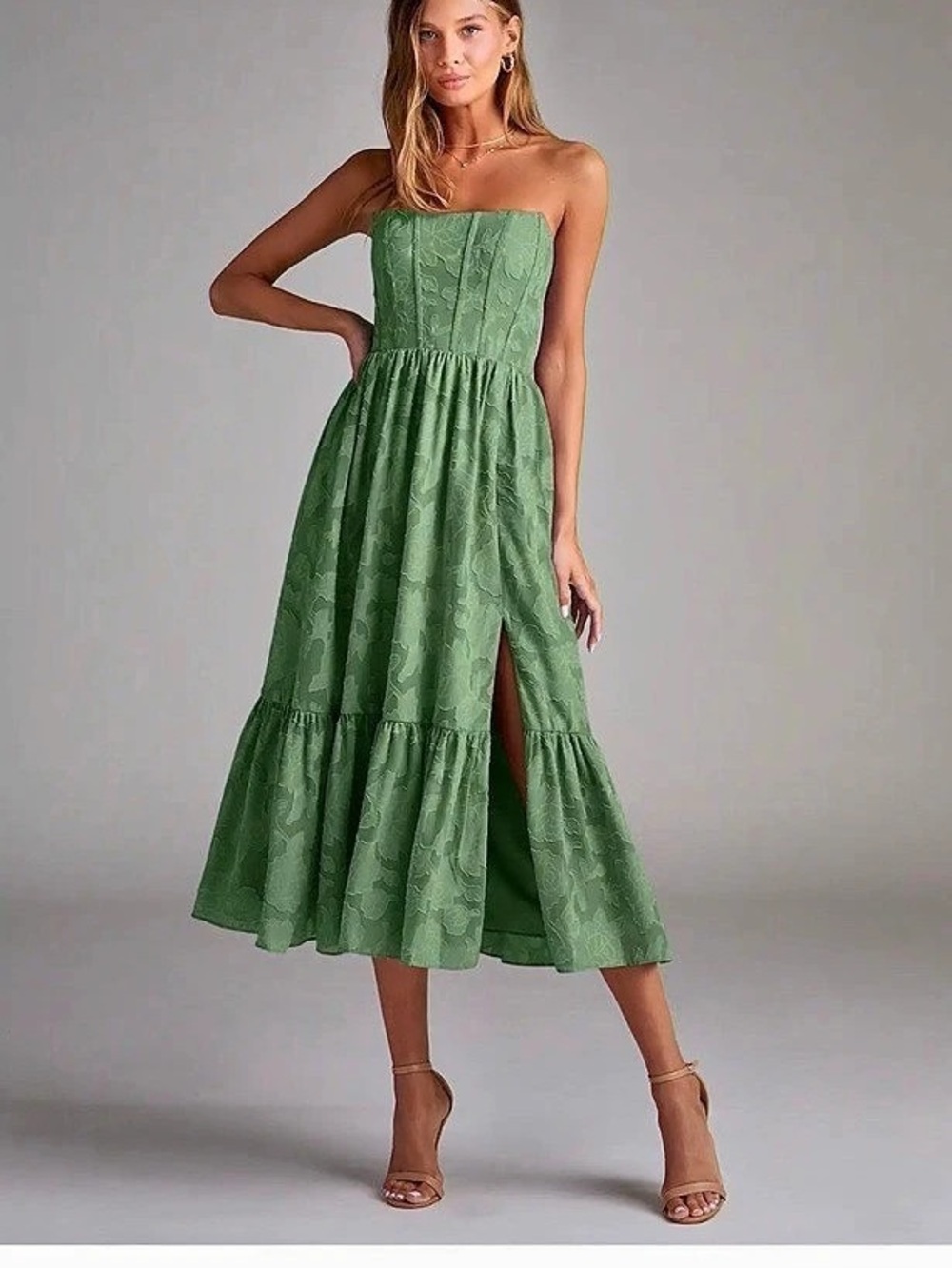 Azazie Delphina Olive Lace-up Back Midi Dress Delphina Floral Midi Dress Green